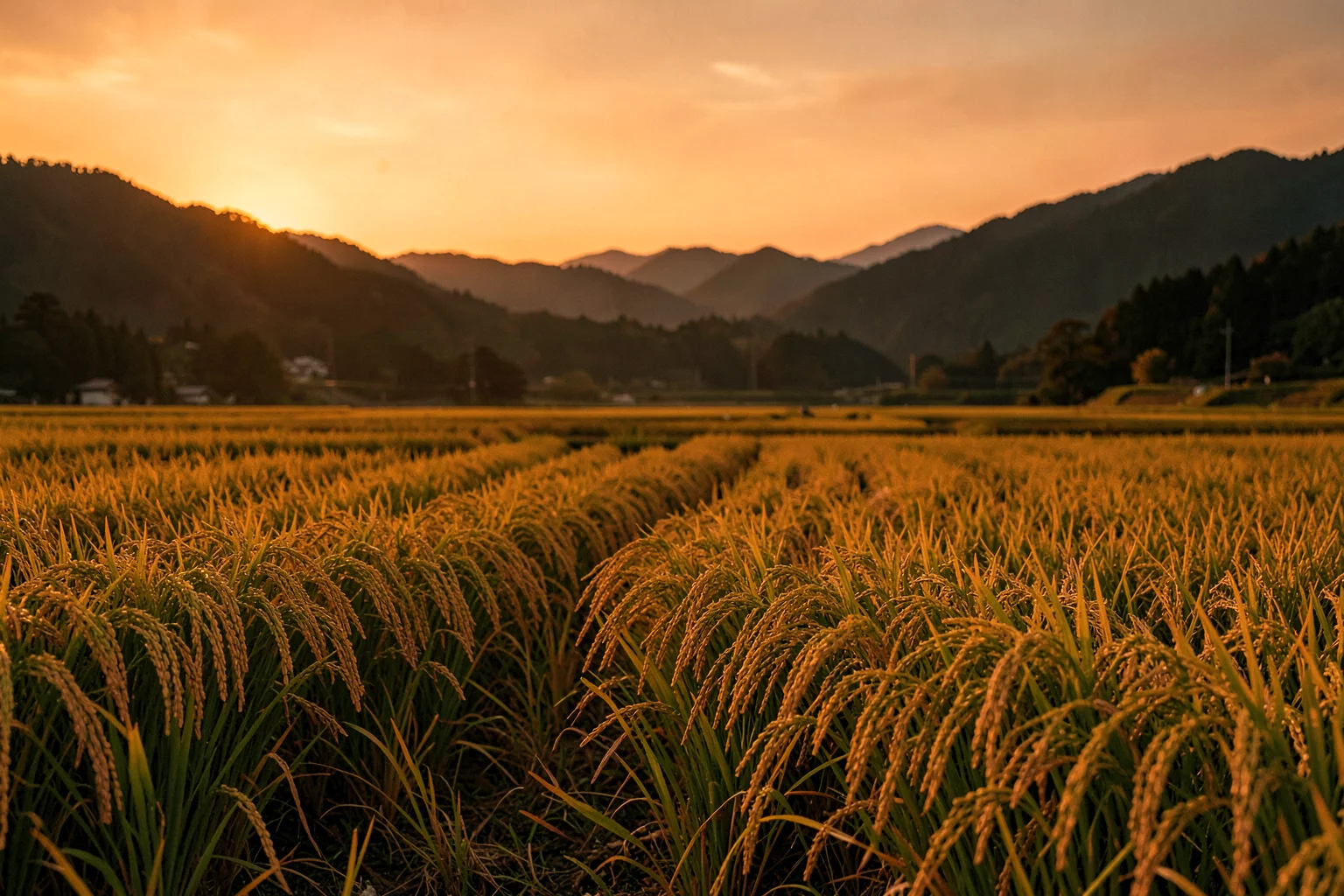 田園に広がる、黄金色に実った稲穂が夕日に照らされる秋の田んぼの風景