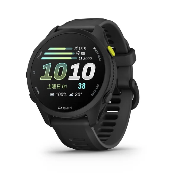 黒いバンドのForerunner 70を斜め前から写した、大きな時刻表示とカラフルなデータが並ぶ文字盤のGarmin公式の製品画像