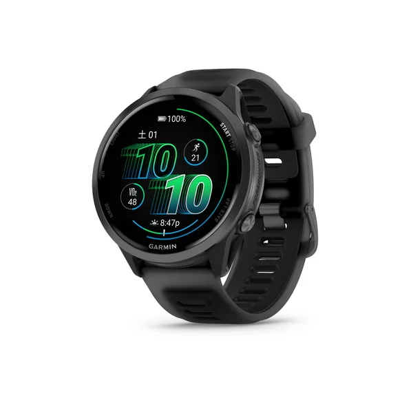 黒いバンドのForerunner 570（47mm）を斜め前から写した、緑色の時刻表示の文字盤のGarmin公式の製品画像