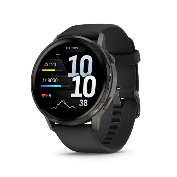黒いバンドのVenu 4（45mm）を斜め前から写した、丸いAMOLED画面のGarmin公式の製品画像