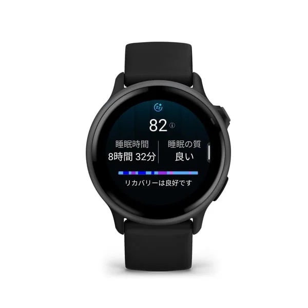 黒いバンドのvívoactive 6の正面に、睡眠スコアの画面を表示したGarmin公式の製品画像