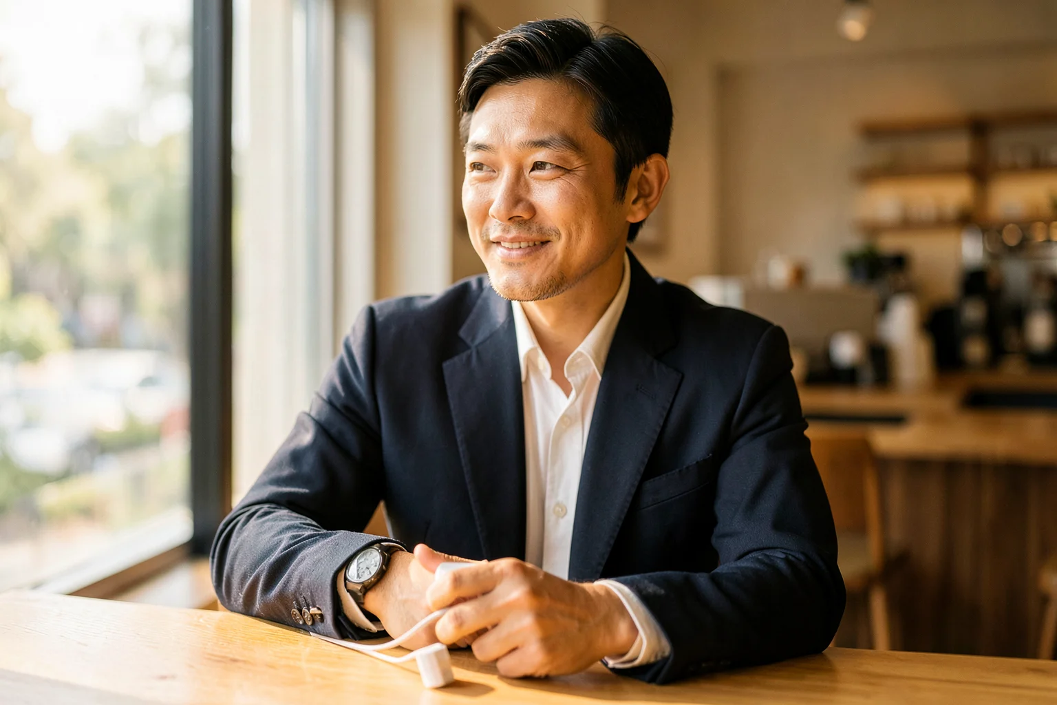 朝のカフェのカウンターで、スマートフォンをケーブルで充電しながらコーヒーを飲むビジネスパーソン