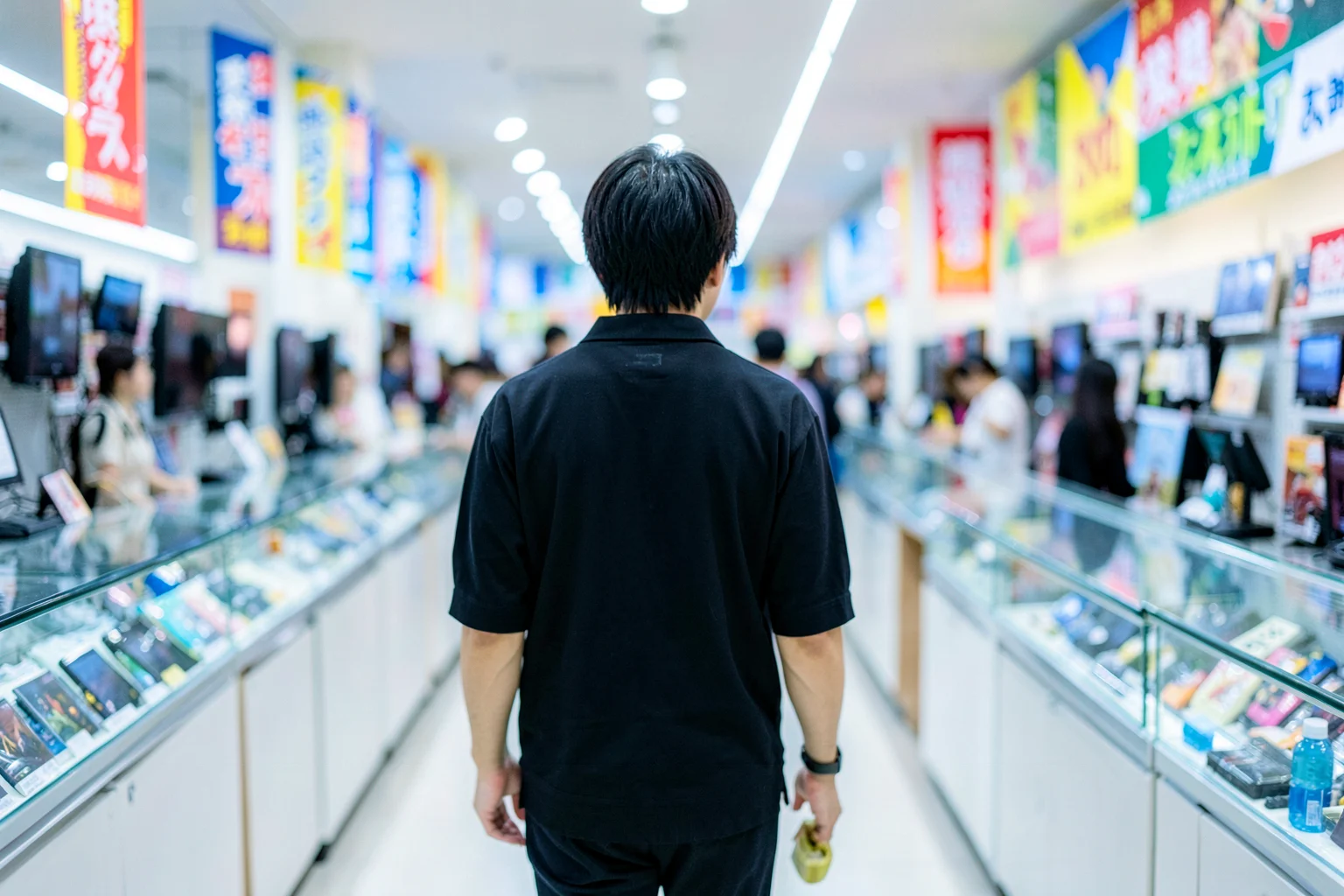 家電量販店のスマートフォン売り場で、ショーケースを見比べる買い物客の後ろ姿
