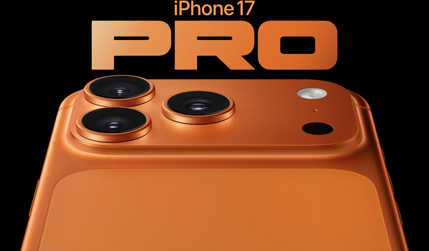 コズミックオレンジのiPhone 17 Proのカメラ部分を大きく写し、上部に「iPhone 17 PRO」のロゴを配したApple公式のメインビジュアル
