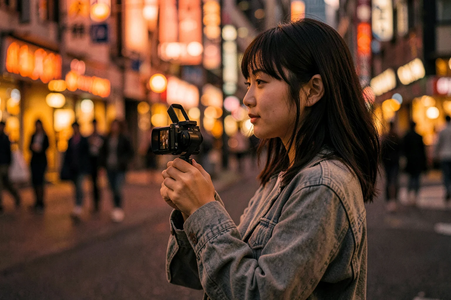 夕暮れの街角で、ジンバルを使って動画を撮影する20代の日本人女性クリエイター