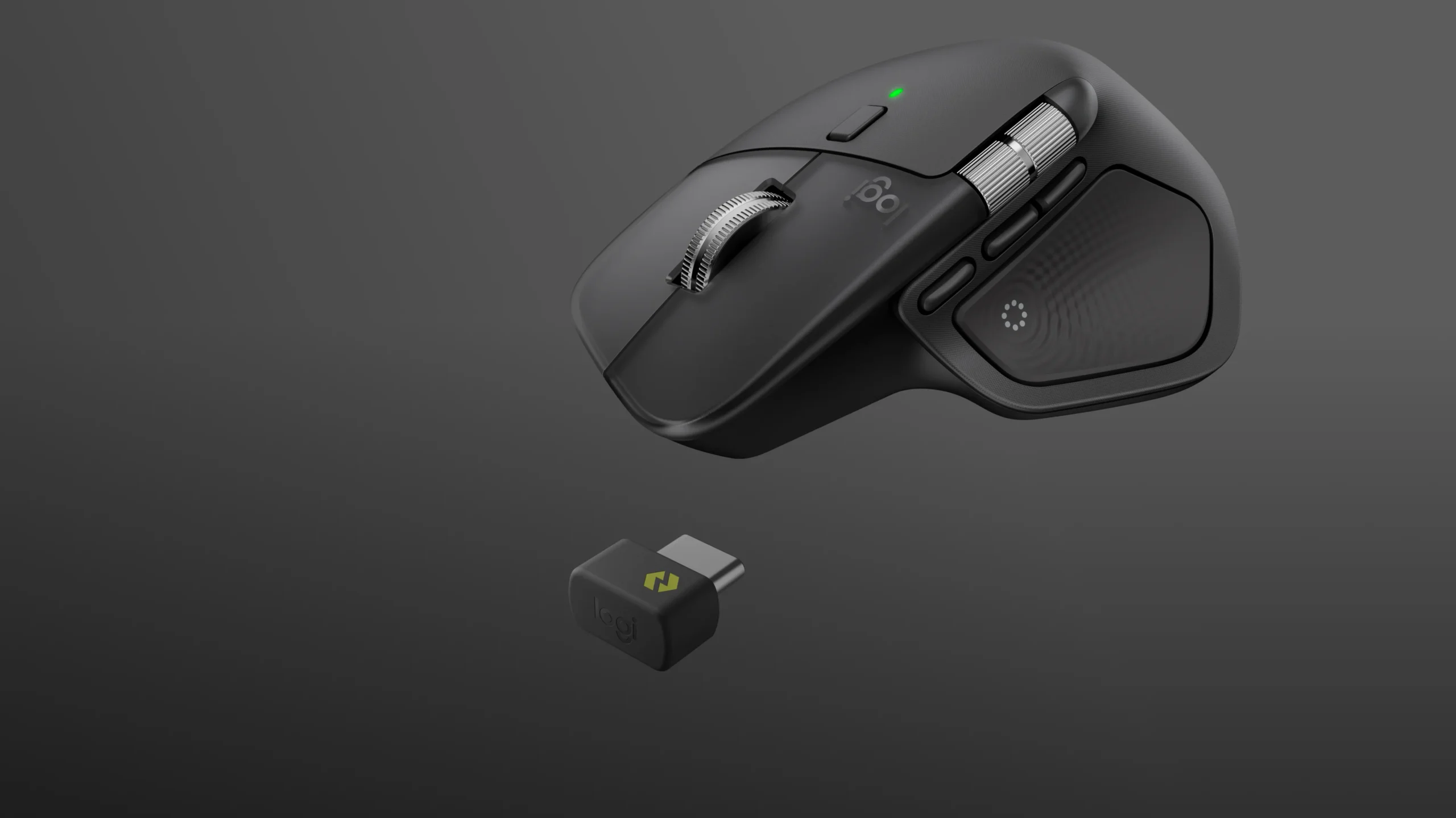 グラファイトカラーのMX MASTER 4と、付属のLogi Bolt USB-Cレシーバーを並べて写したロジクール公式の製品画像