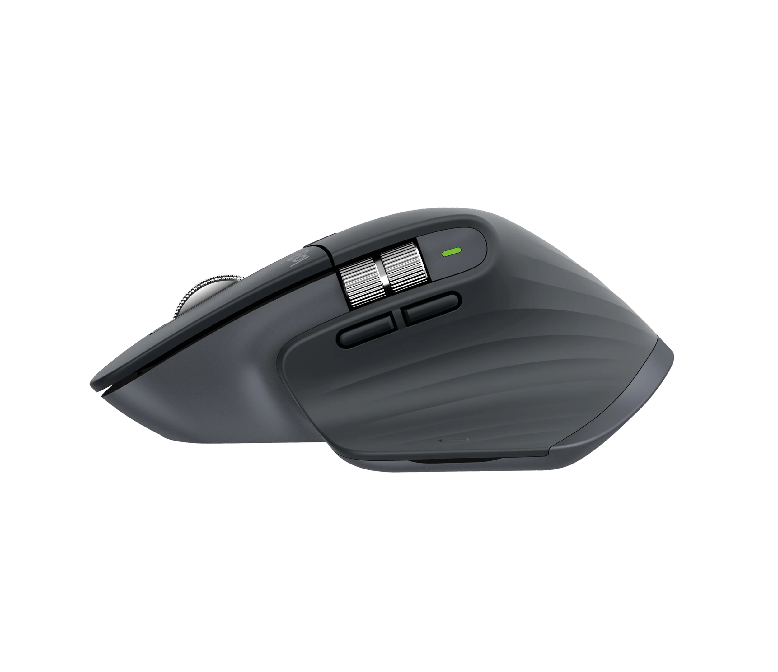 MX MASTER 3S Bluetooth editionを左側面から写した、サムホイールと2つのボタンが並ぶロジクール公式の製品画像