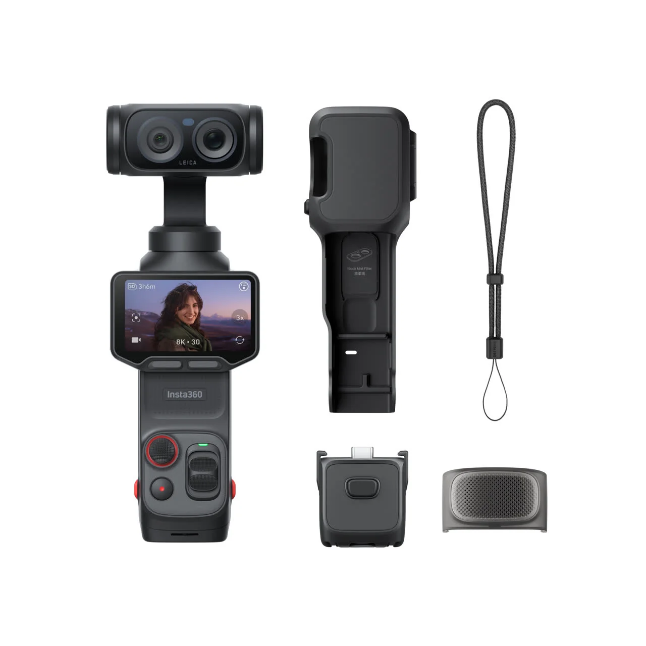 Insta360 Luna Ultra本体と、保護カバー、ハンドル、ウインドガード、リストストラップを並べたInsta360公式の同梱物画像