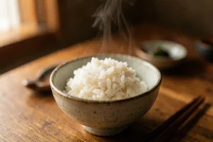 木のテーブルに置かれた、湯気の立つ炊きたての白いごはんの茶碗