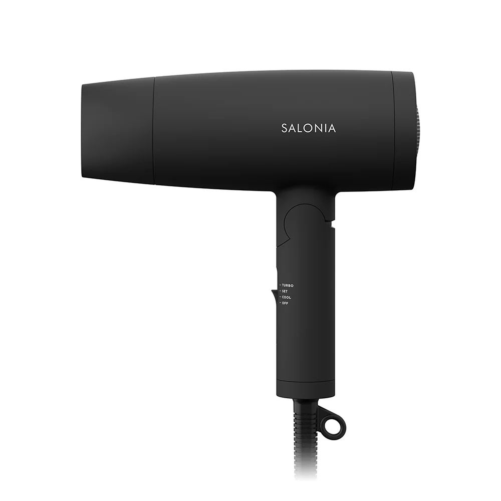 ブラックのSALONIAスピーディーイオンドライヤーを正面から写した、SALONIA公式の製品画像