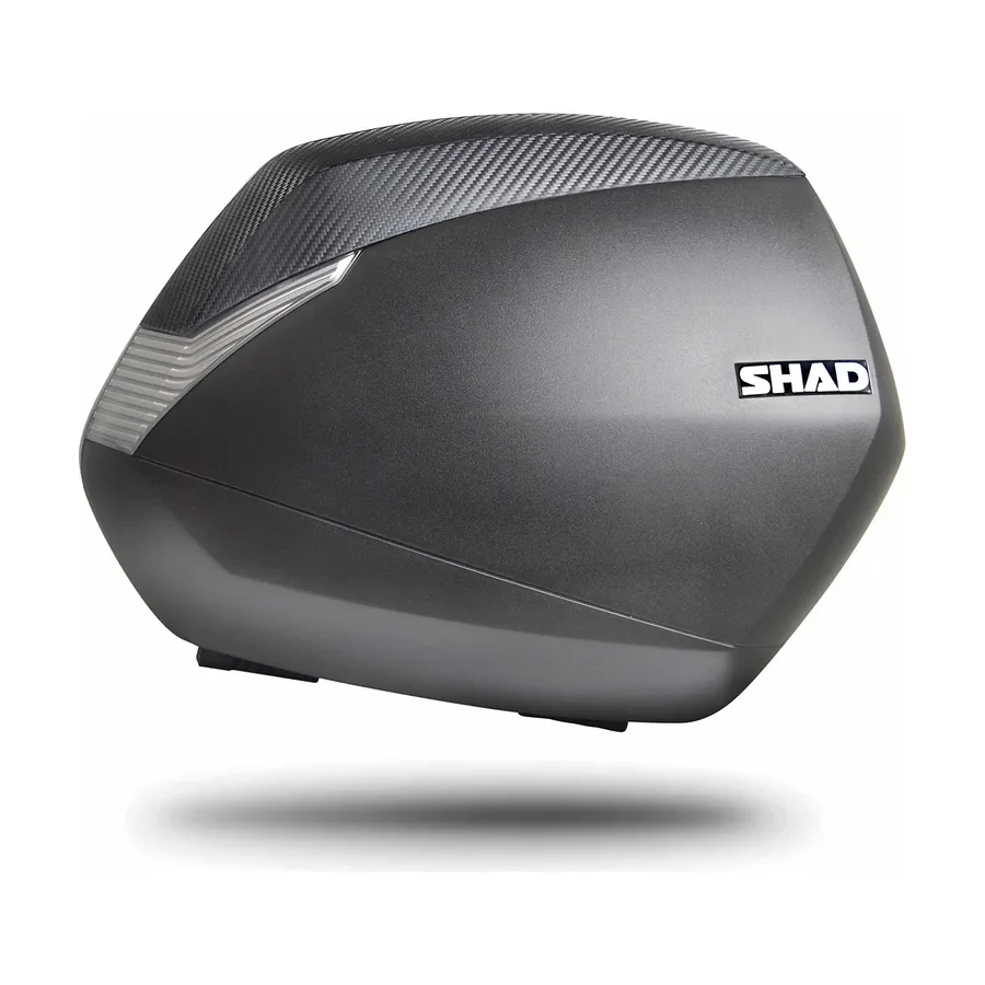 カーボン調の天面とグレーのボディを持つ、SHAD SH36サイドケース（カーボン）を斜め前から写したSHAD公式の製品画像