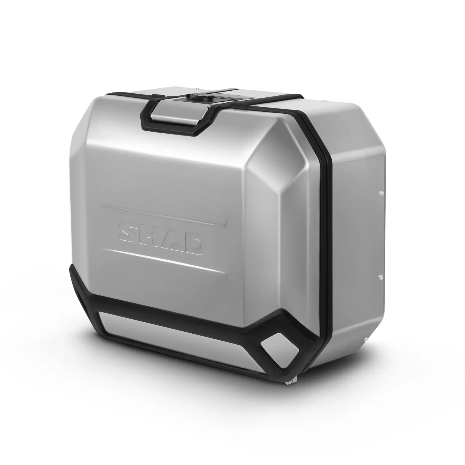 角ばったシルバーのアルミボディに黒い縁取りが付いた、SHAD TERRA TR36アルミサイドケースを斜め前から写したSHAD公式の製品画像