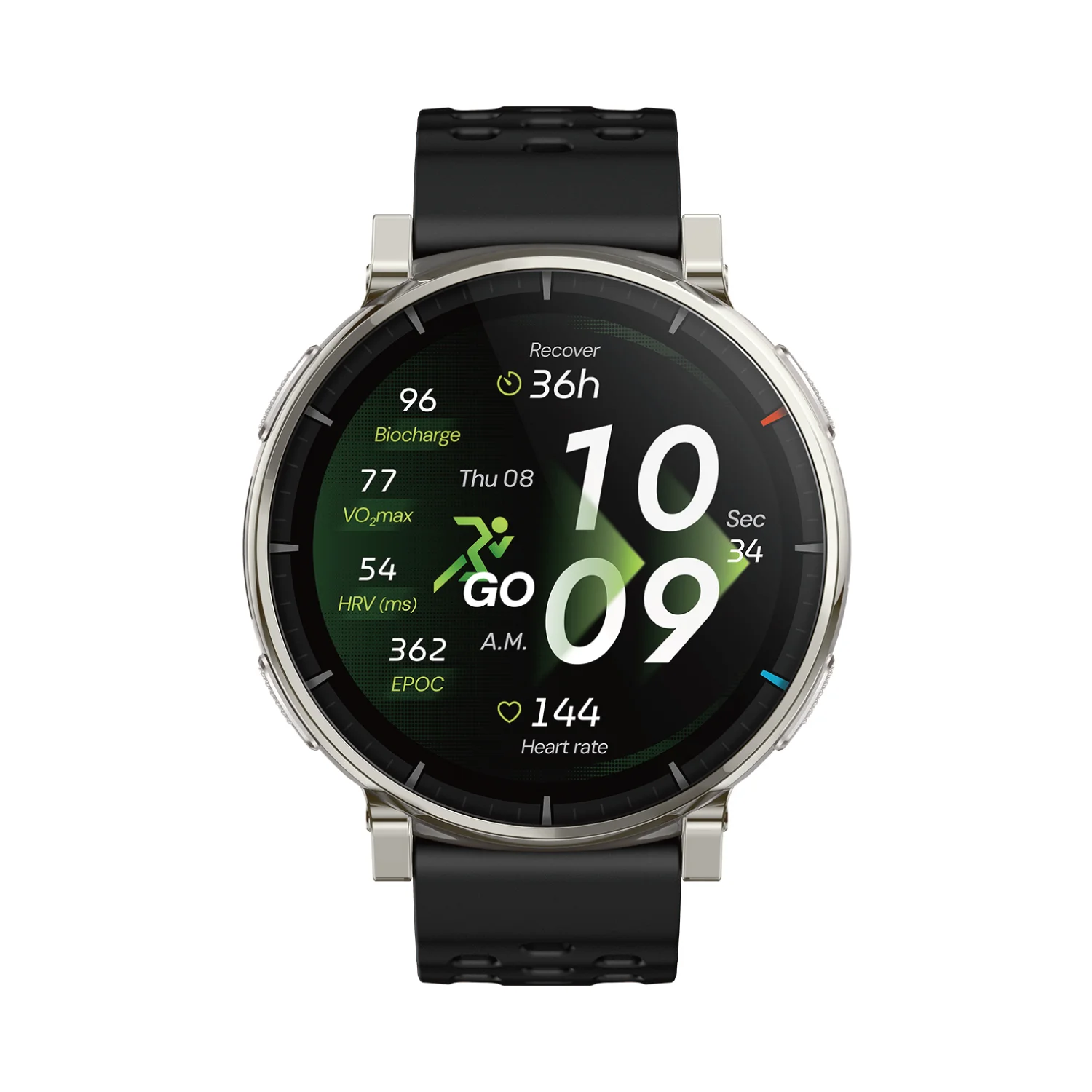 黒いバンドにシルバーのケースのAmazfit Active 3 Premiumを正面から写した、Amazfit公式の製品画像