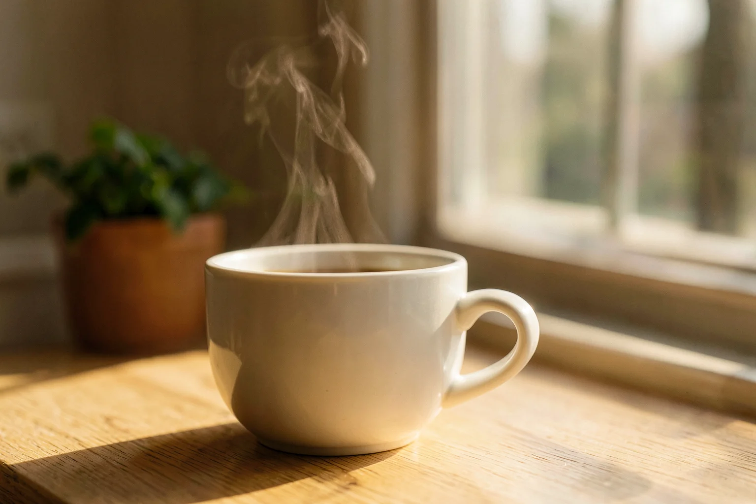 木のテーブルに置かれた湯気の立つコーヒーカップと、窓から差し込むやわらかな朝の光