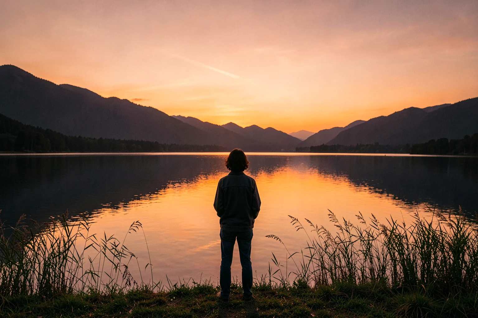 夕焼けに染まる湖のほとりで、穏やかな水面を眺める人の後ろ姿