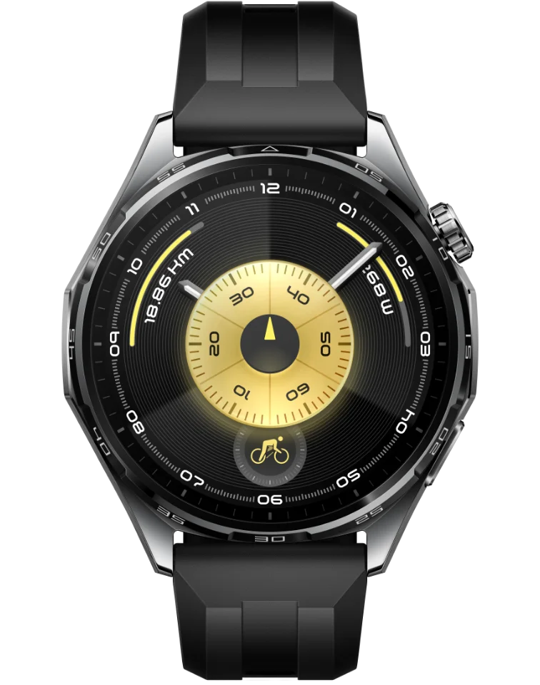黒いバンドにシルバーのケース、黄色い文字盤を表示したHUAWEI WATCH GT 6（46mm）のHUAWEI公式の製品画像