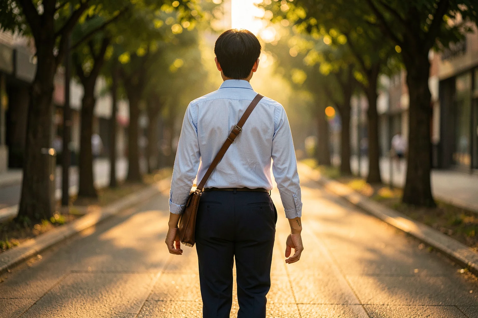 朝日に照らされた街並みを歩く、清潔感のあるシャツ姿の男性の後ろ姿