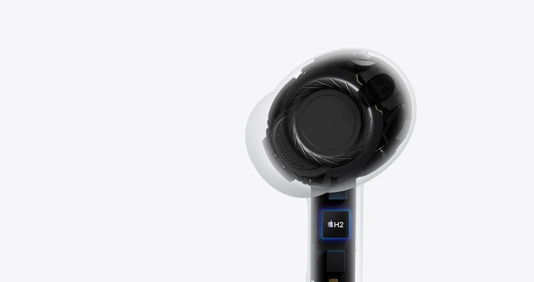 AirPods Pro 3の内部構造とH2チップを透かして見せた、Apple公式の音響アーキテクチャ画像