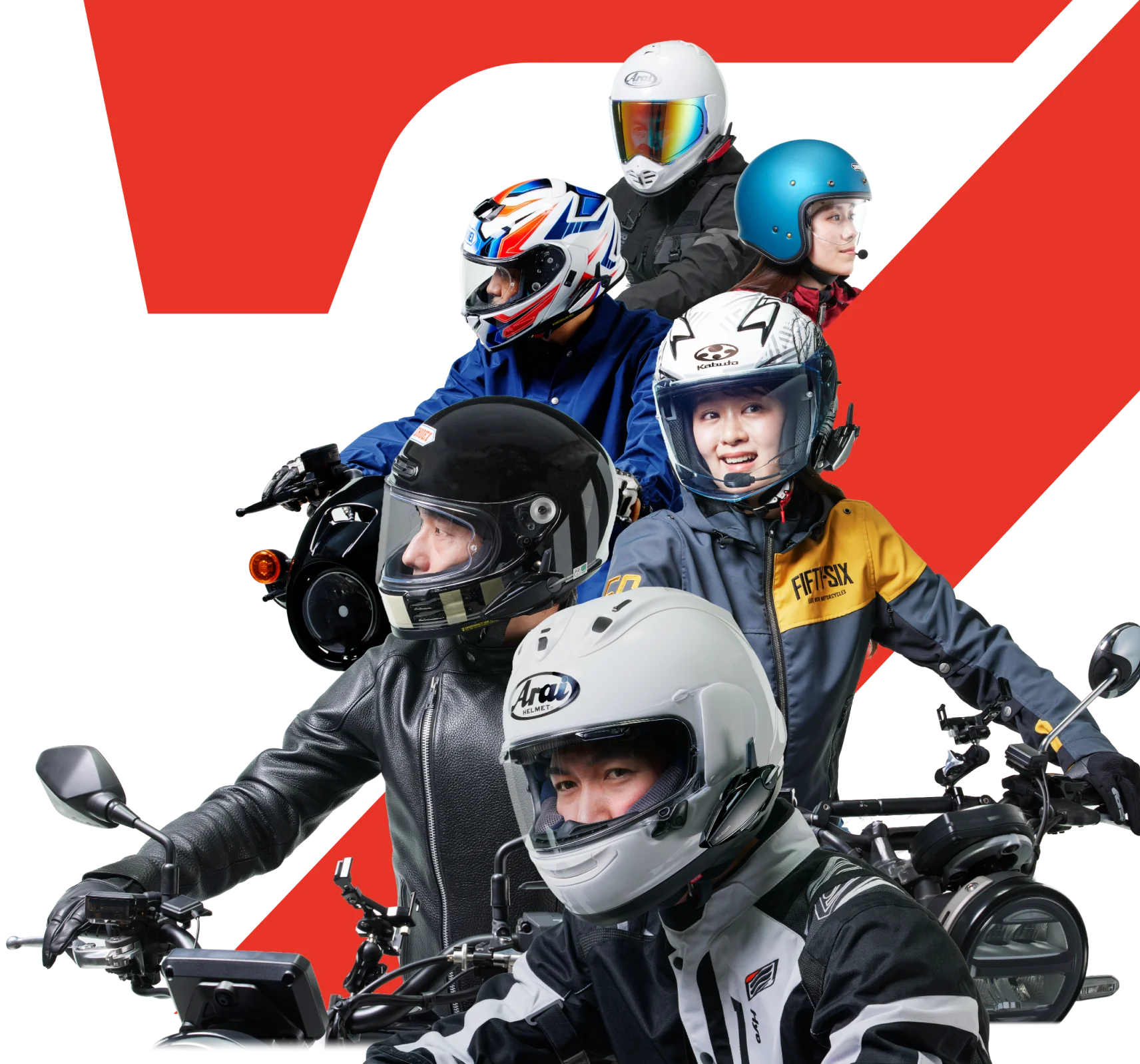 インカムを装着したヘルメット姿のライダーたちがバイクにまたがって並ぶ、サイン・ハウス公式のB+COM 7X EVOのイメージ画像