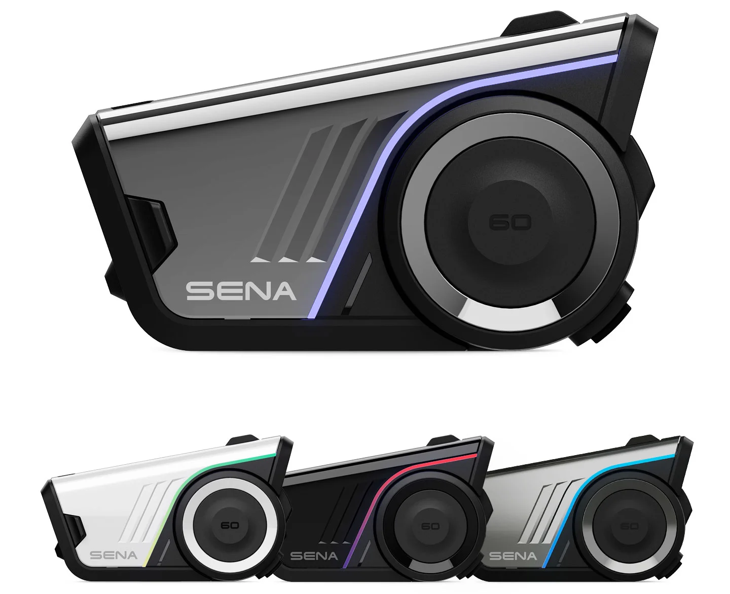 SENA 60S本体と、ホワイト・ブラック・シルバー系のフェイスプレートのカラーバリエーションを並べたSENA公式の製品画像