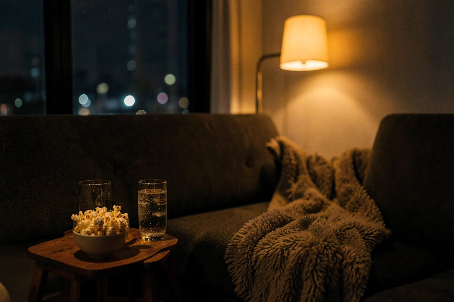 夜の窓辺に置かれたソファとローテーブルに、ポップコーンと飲み物が並ぶ居心地のよい部屋の様子