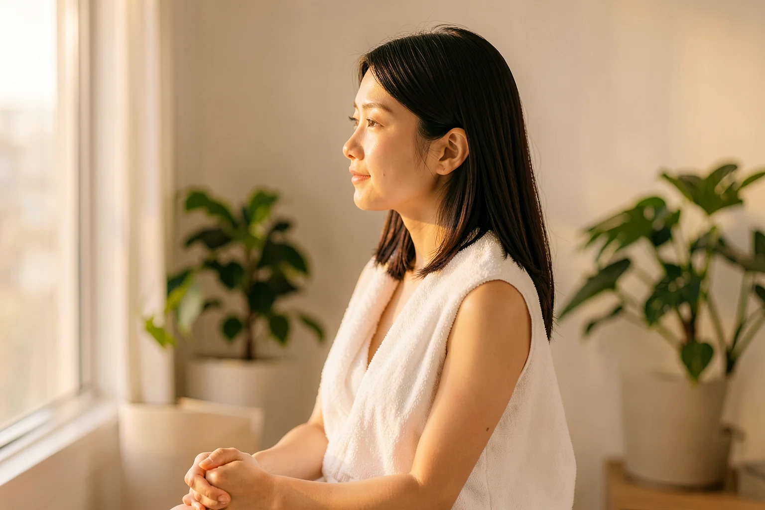 お風呂上がりに肩にタオルをかけ、ツヤのある髪で窓辺に座ってくつろぐ女性の横顔