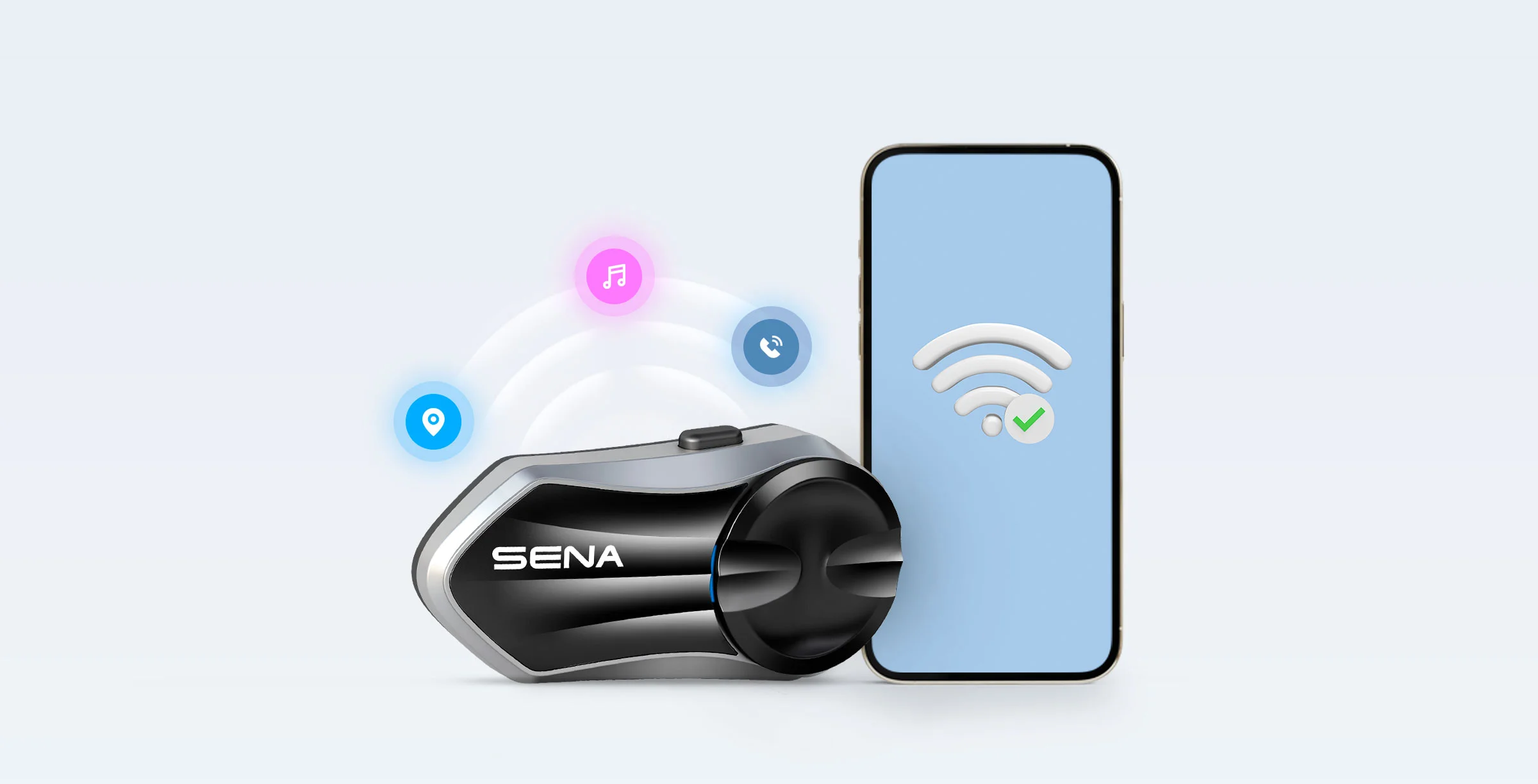 SENA J30とスマートフォンが並び、音楽・電話・ナビのアイコンでBluetooth接続を表したSENA公式の画像