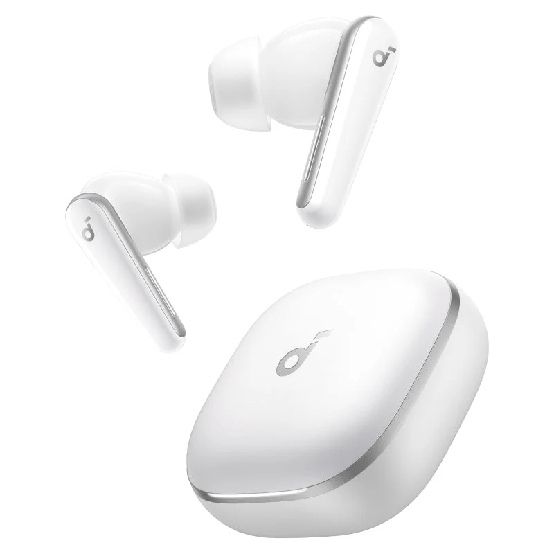 パールホワイトのSoundcore Liberty 5のイヤホン本体と充電ケースを写した、Anker公式の製品画像