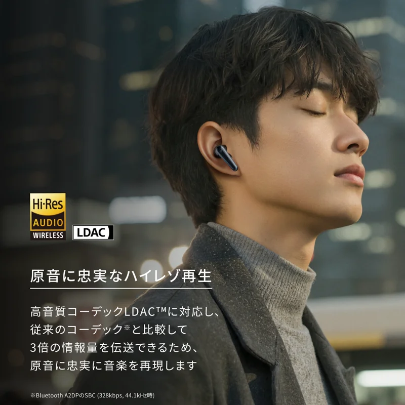 Soundcore Liberty 5を装着して目を閉じる男性と、ハイレゾ・LDAC対応を紹介するAnker公式の画像